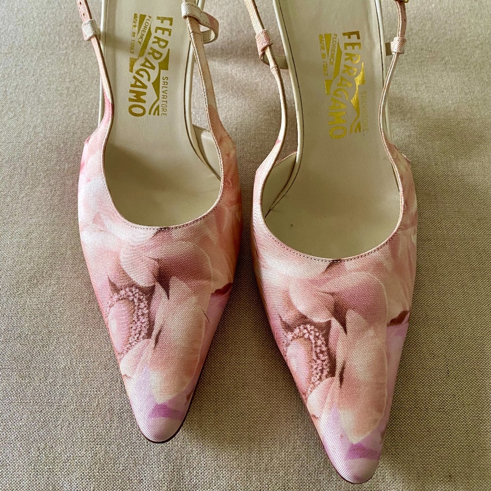 Ferragamo Silk fabric kitten heel sling-backs